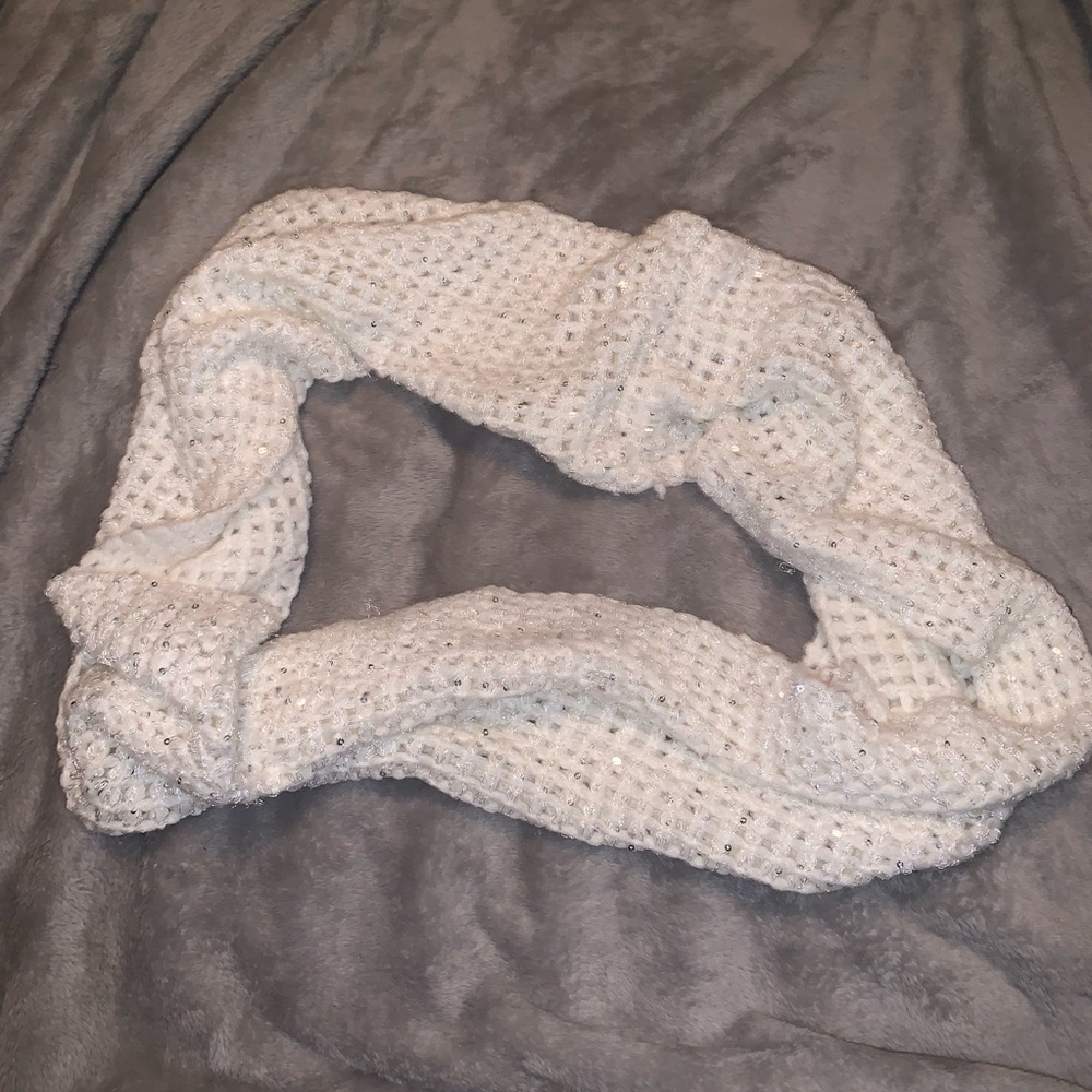 White Sequins Waffle Knit Circle Scarf